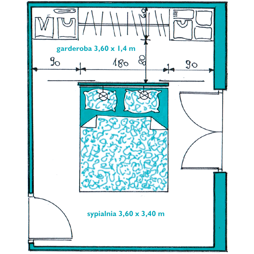 Dodanie garderoby w sypialni - przykład 2) W tym nieco mniejszym pokoju, z uwagi na położenie okna na środku ściany, garderoba ma głębokość 140 cm
