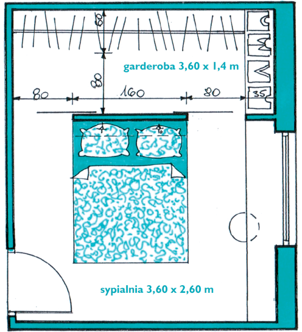 Dodanie garderoby w sypialni - przykład 3) Nowością jest ścianka o szerokości 35 cm, dostawiona do ściany za oknem