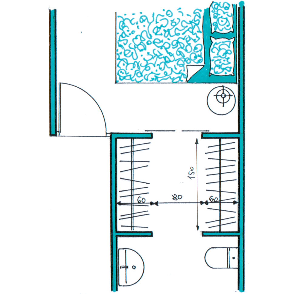 Dodanie garderoby w sypialni - przykład 5) W tej wersji garderoba jest mniejsza, zajmuje 150 × 200 cm