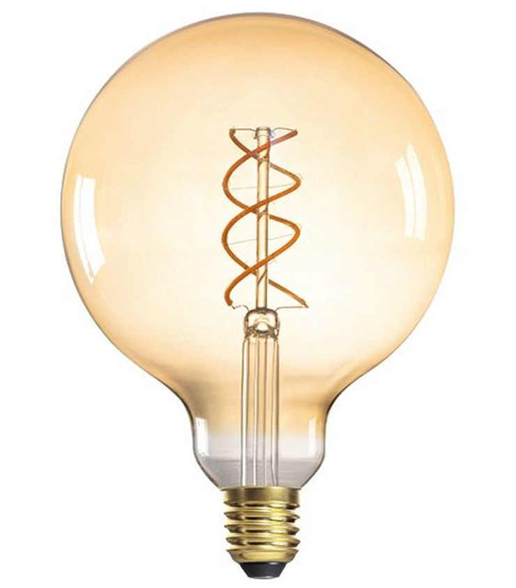Dekoracyjna żarówka LED wykonana z dużej bańki z bursztynowego szkła i złotej spirali (filament LED)