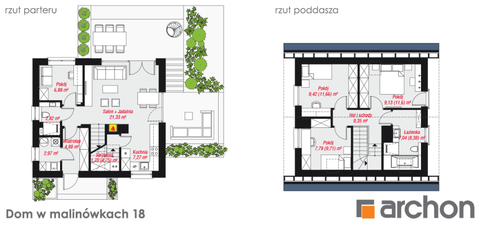 Projekt Dom w malinówkach 18 - rzut parteru i poddasza