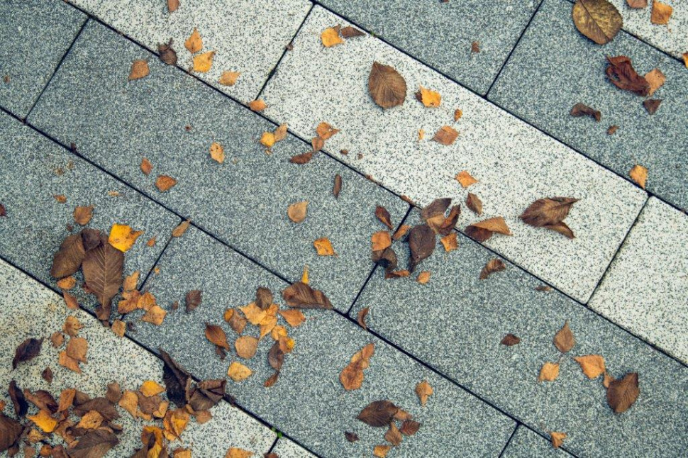 Nawierzchnia z kostki brukowej jesienią, cała w spadających liściachh