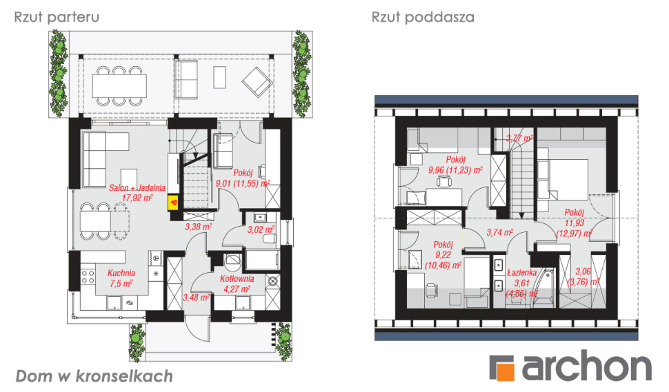 Dom w kronselkach - rzut parteru i poddasza