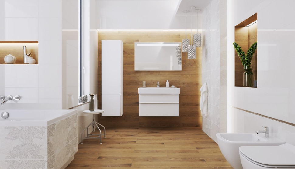 Biała łazienka z płytkami drewnopodobnymi