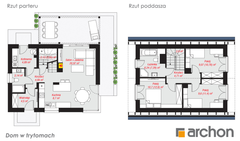 Dom w trytomach - rzut parteru i rzut poddasza