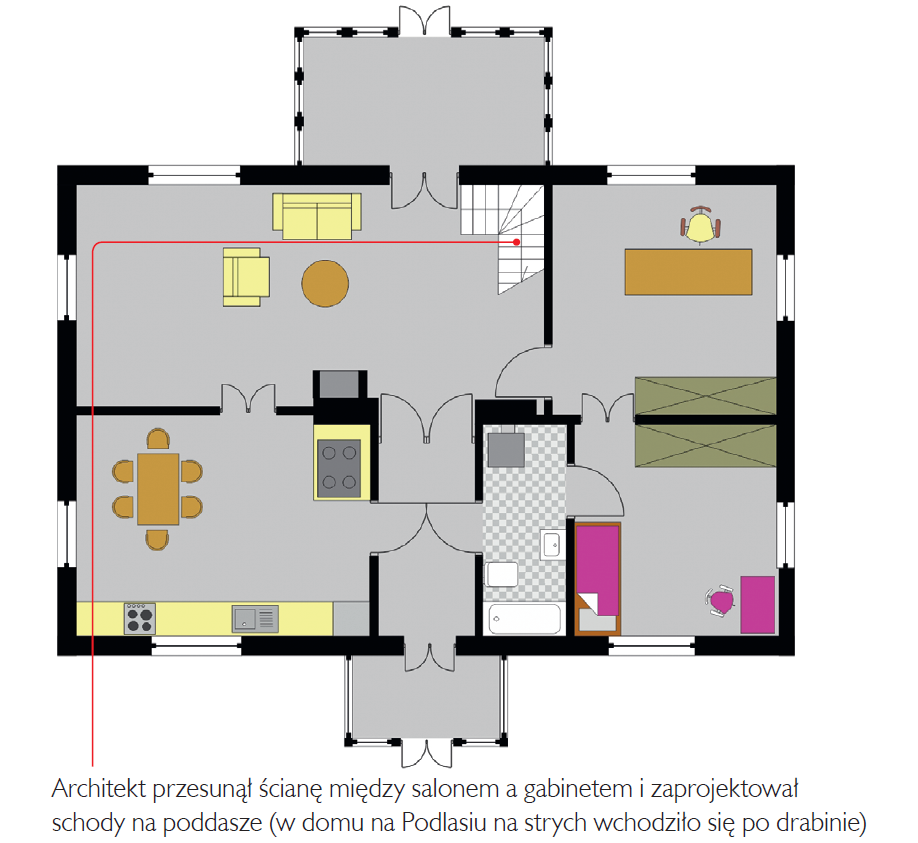 Rzut parteru ze zmianami arch. Pawła Wawrzyniaka, opracowany na podstawie oryginalnego układu wnętrz w domu na Podlasiu