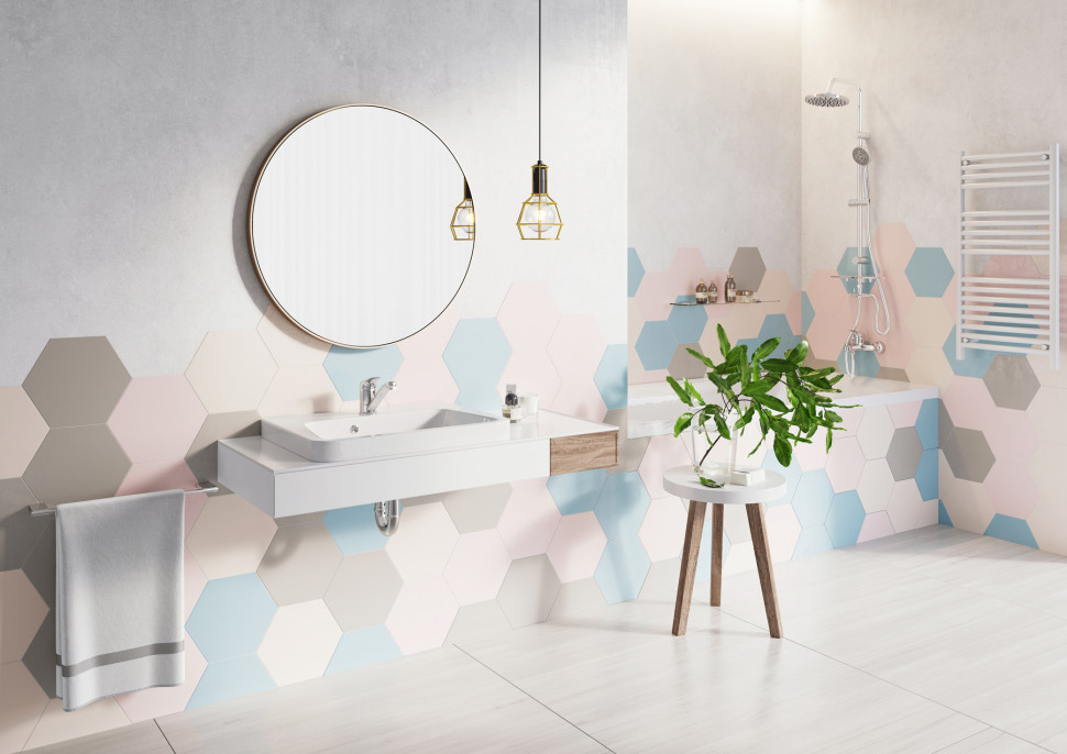 FERRO, Rondo Lux zestaw natryskowy przesuwny z deszczownią; Ferro One bateria umywalkowa stojąca z obrotową wylewką; Półka szklana Metalia 9; Grzejnik łazienkowy biały łuk