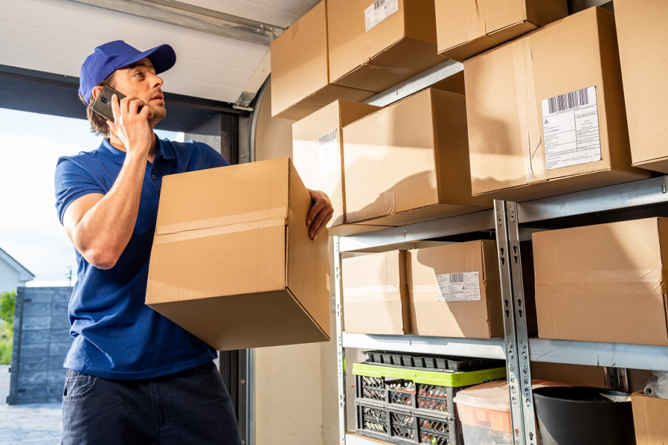 Kurier umieszczający paczkę w garażu