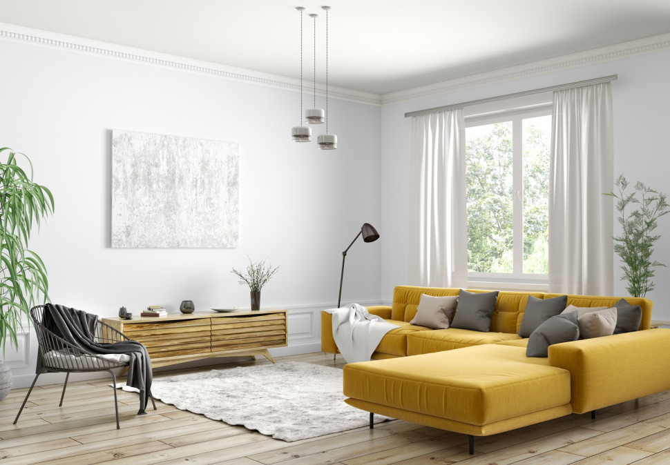 Salon z wysokim sufitem wyda się przytulniejszy, jeśli sufit pomalujesz nieco ciemniejszym odcieniem, takim jak C77 Biały Granit Magnat Ceramic. Ściany pozostaw w bieli (odcień C45 Magnat Ceramic).