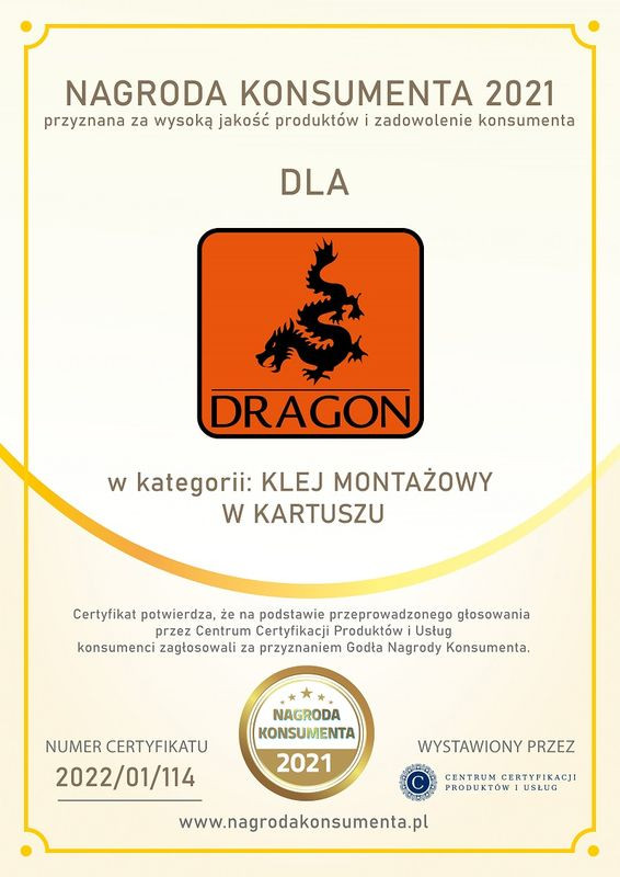 Certyfikat potwierdzający przyznanie Nagrody Konsumenta 2021 dla klejów Dragon Poland 