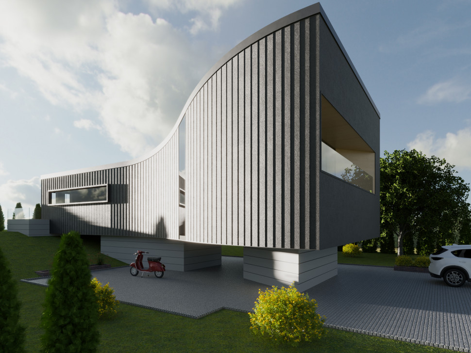 Budynek usługowy - elewacja owalna z użyciem listew BP19 i BP11 HT Bella Plast