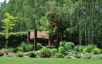 Ogród z brzeziną w tle