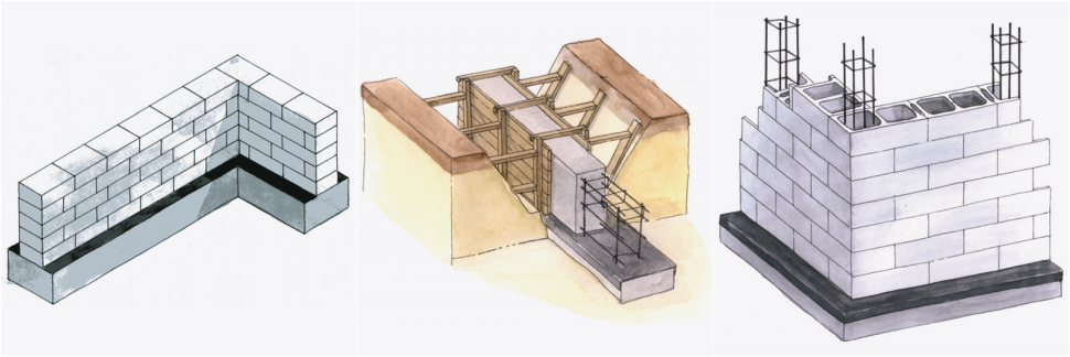 Najbardziej popularnymi materiałami wykorzystywanymi do wznoszenia ścian fundamentowych i piwnicznych
są: pełne bloczki betonowe,
keramzytobetonowe
oraz silikatowe (fot. z lewej). Często
stosowanym rozwiązaniem są
betonowe fundamenty monolityczne,
które wylewa się
do przygotowanych wcześniej
szalunków z desek (fot. środkowa). Jeszcze
inne rozwiązanie polega na
budowaniu ścian z pustaków
zasypowych (fot. z prawej).