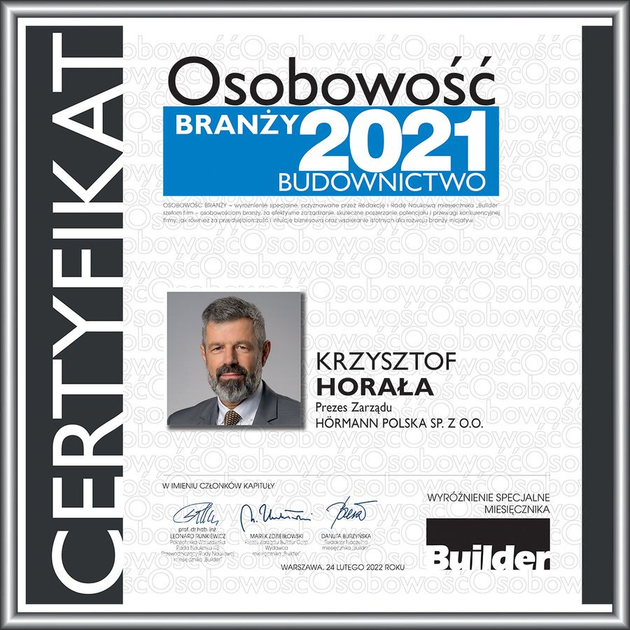 Certyfikat przyznany Krzysztofowi Horale