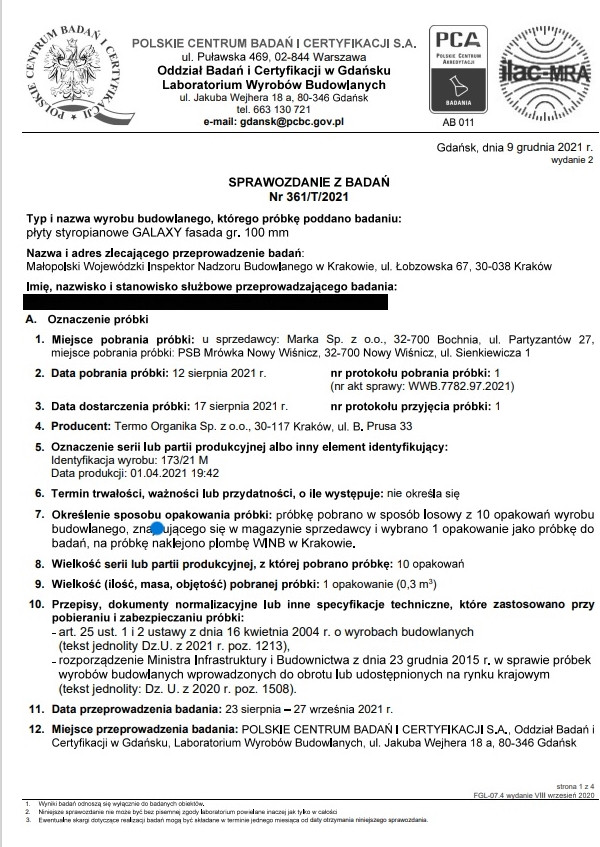 Wynik badania styropianu Termo Organiki