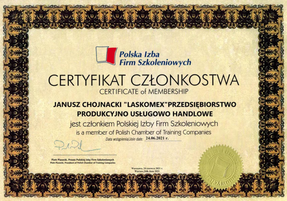 Certyfikat członkostwa Laskomex