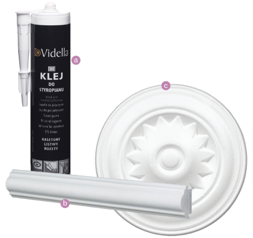 Klej montażowy (a), styropianowa listwa ścienna (b), rozeta sufitowa (c)