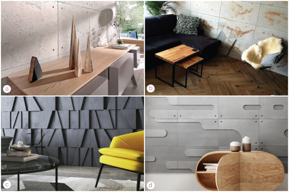 Lekkie płyty betonowe ze wzorem szalunku (a), z domieszką kruszywa w kolorze złota (b), w wersji trójwymiarowej (c) i z wyżłobieniami (d)