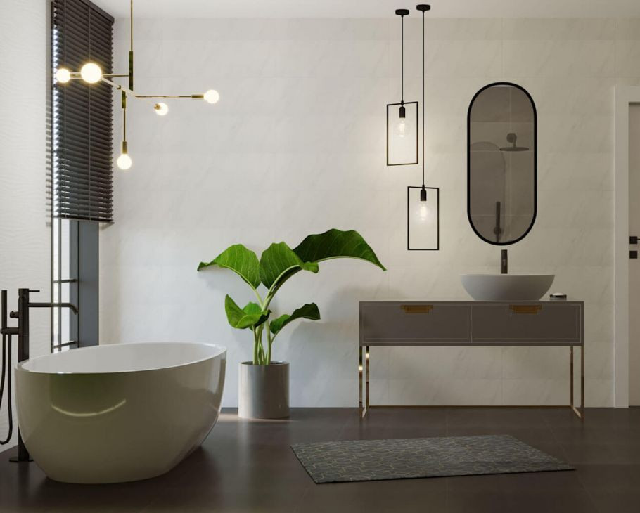 Przestronna jasna łazienka: minimalizm + art deco, kolekcja Calacatta Gres. fot. Ceramika Paradyż