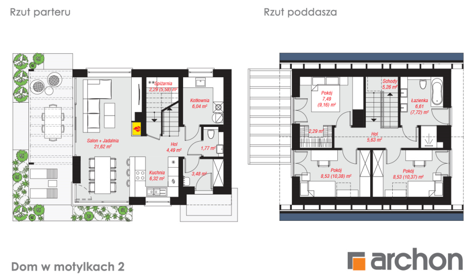 Dom w motylkach 2 - rzut parteru i rzut poddasza