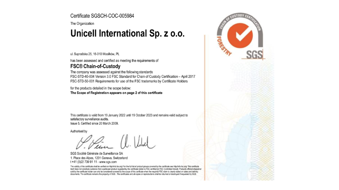 Kolejny rok z Certyfikatem FSC dla Unicell International