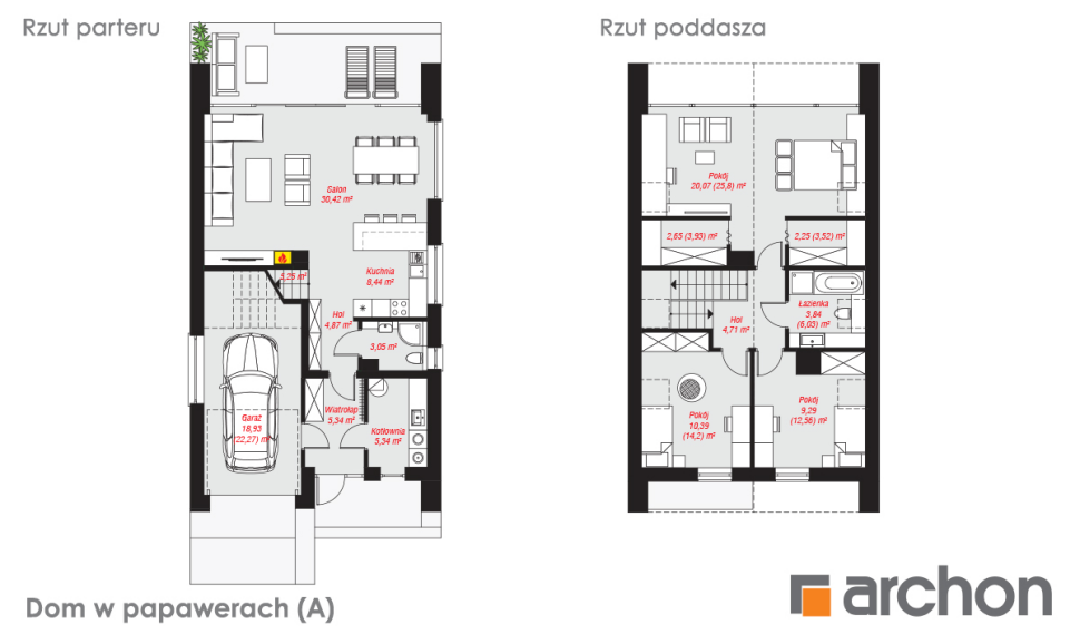 Dom w papawerach (A) - rzut parteru i rzut poddasza