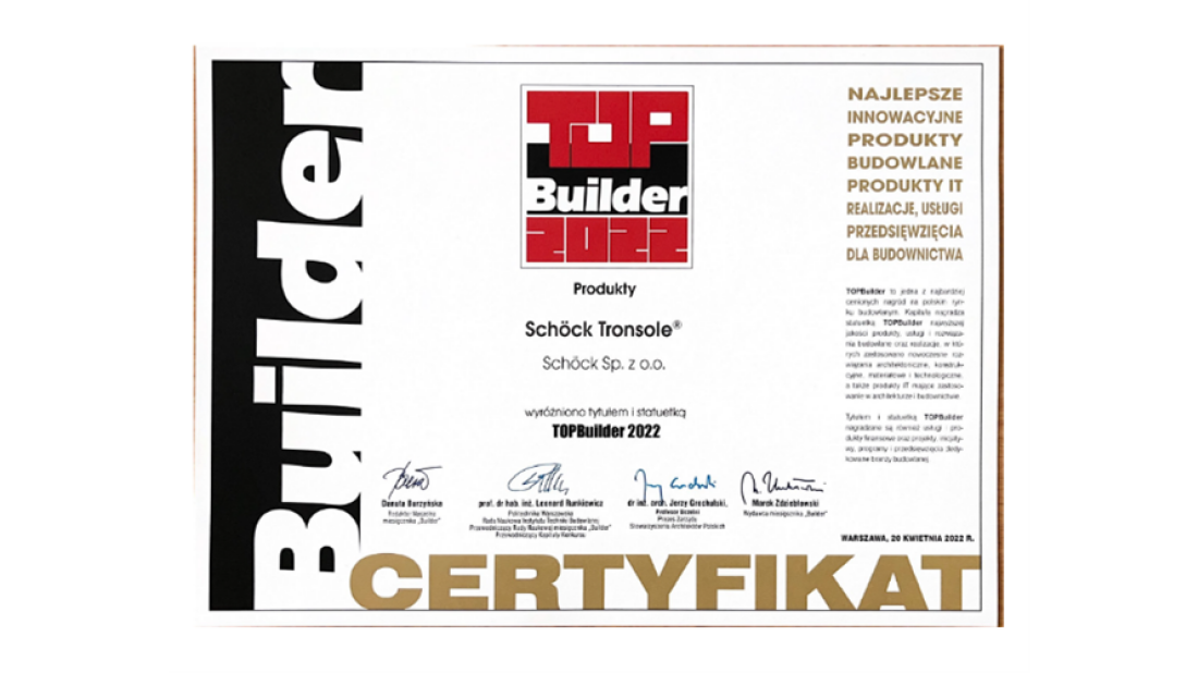 Nagroda TopBuilder dla firmy Schöck za produkt Schöck Tronsole®