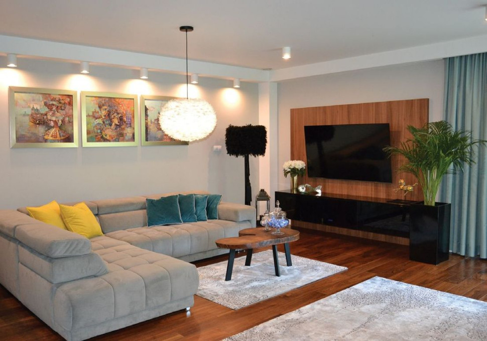 Ściankę do zawieszenia telewizora stolarz wykonał na zamówienie (podobnie jak wiele mebli), używając forniru z orzecha amerykańskiego. Obrazy namalował Gienadij Pitsko