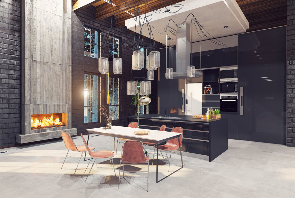 Arrangement of a living room with a kitchen in a loft-style apartment.  Photo by Kreisel