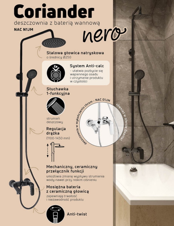 Deszczownica z baterią wannową Coriander w matowej czerni