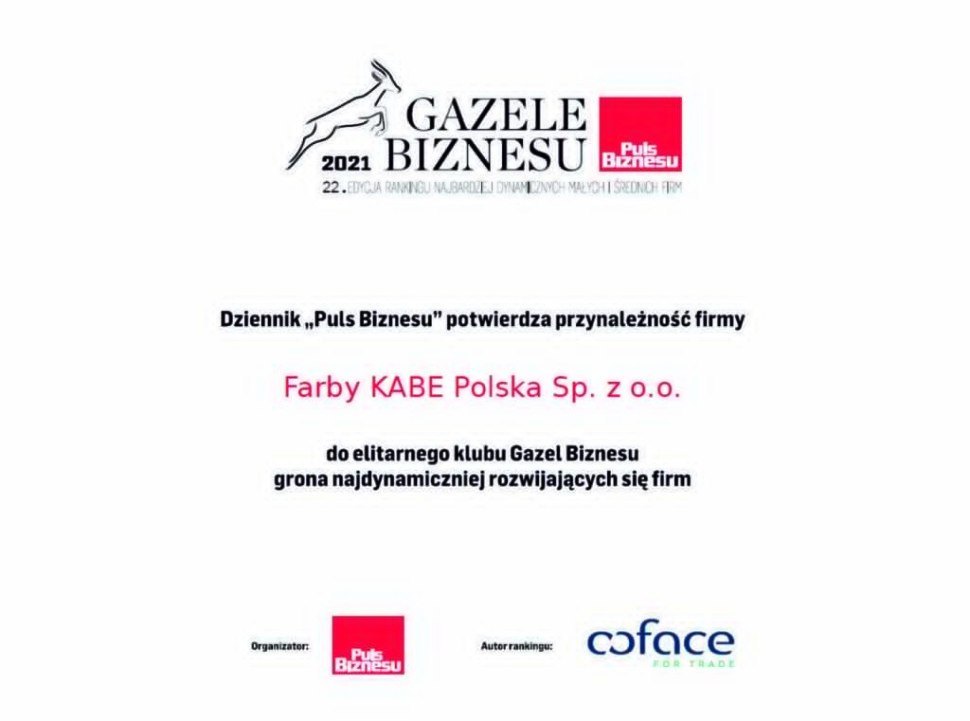 Certyfikat firmy Farby KABE