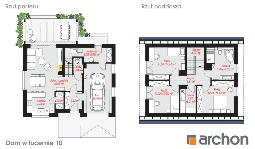 Dom w lucernie 10 - rzut parteru i poddasza