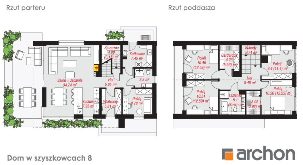 Projekt Dom w szyszkowcach 8 - rzut parteru i rzut poddasza