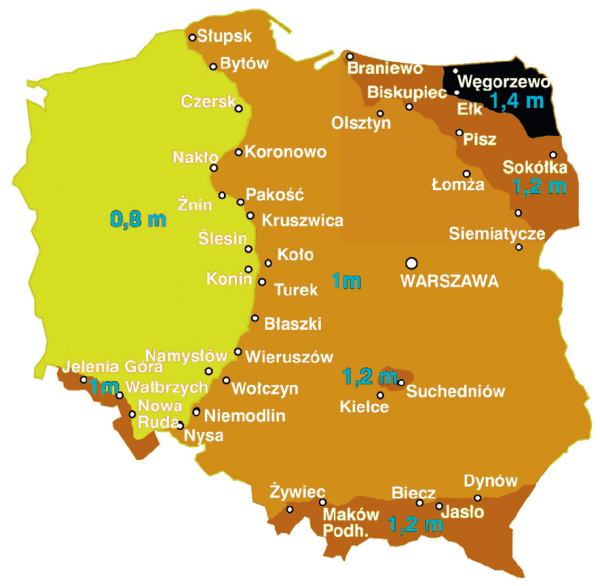 Mapa: Strefy przemarzania gruntu w Polsce