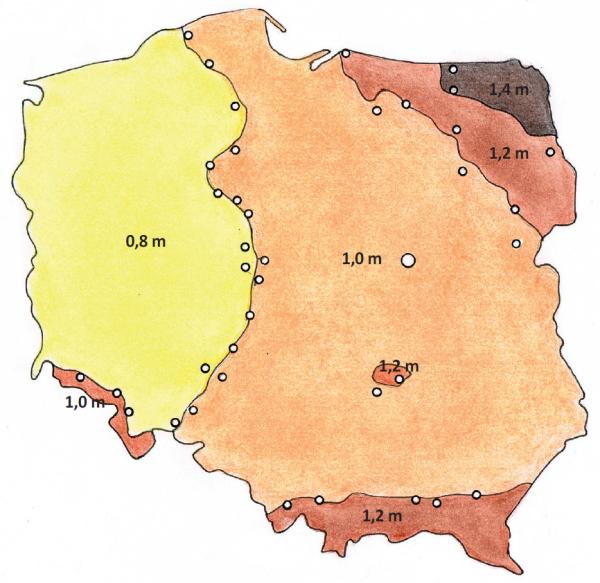 Mapa: Strefy przemarzania gruntu w Polsce