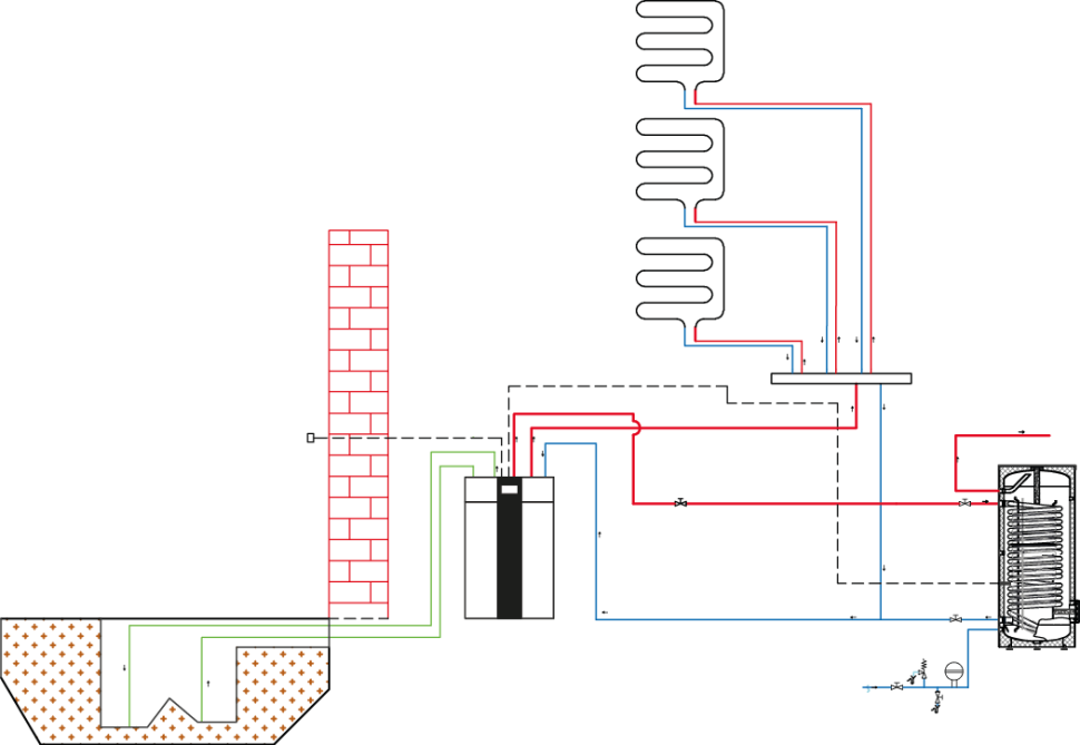 Schemat instalacji z pompą ciepła Maxima i zewnętrznym zbiornikiem Maxi