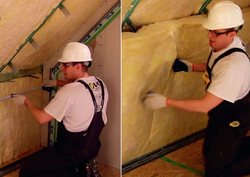 Ocieplenie dachu skośnego - krok 6) Drugą warstwę wełny najłatwiej montować prostopadle do pierwszej warstwy, tnąc z długości rolki i nabijając na wieszaki