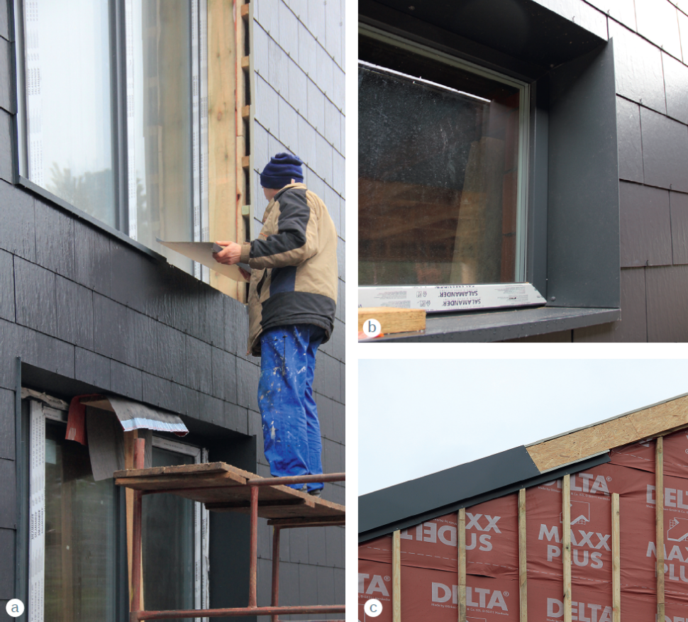 Wszystkie obróbki - wnęk okiennych (a, b), krawędzi ścian i dachu (c) - wykonano z blachy