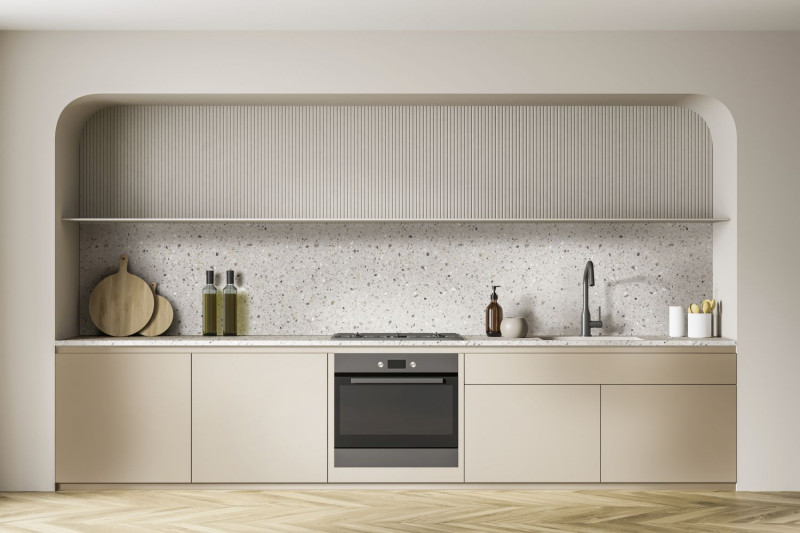 Ścianka Terrazzo beige S68052 w połączeniu z płytą laminowaną Cashmere U12168