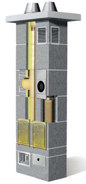 Dwuciągowy system kominowy z rurami 18 cm (lub 20 cm) dla kotła na paliwo stałe i 12 cm dla kotła gazowego (olejowego) umieszczonymi we wspólnej obudowie z pustaków z keramzytobetonu