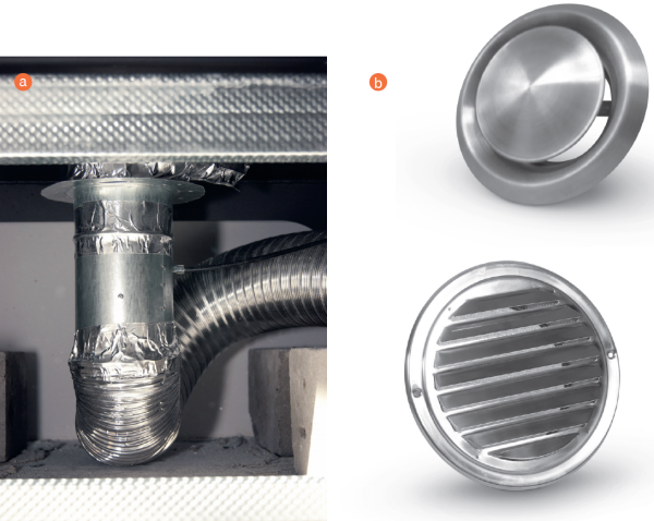 Powietrze ogrzane przez wkład rozprowadzane jest do pomieszczeń systemem rur o dużej średnicy; anemostaty