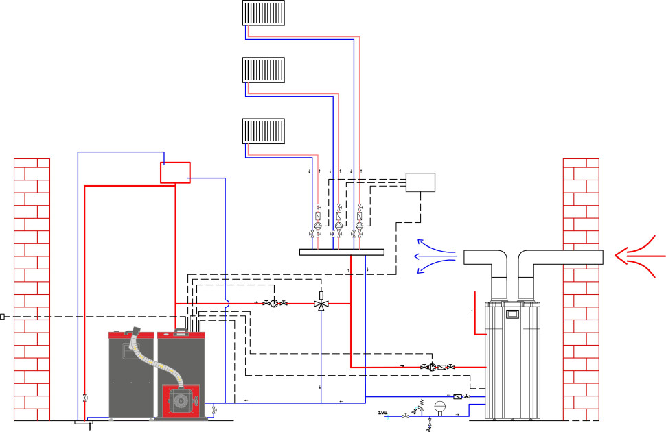 Schemat połączenia pompy ciepła do c.w.u. Spectra z kotłem pelletowym Genesis Plus KPP. fot. GALMET