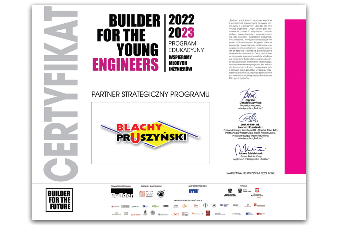 Blachy Pruszyński partnerem strategicznym programu Builder for the Young Engineers 2022/2023