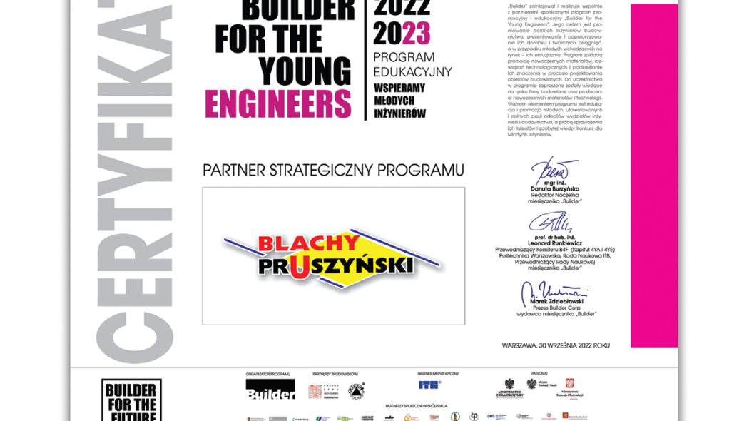 Blachy Pruszyński partnerem strategicznym programu Builder for the Young Engineers 2022/2023