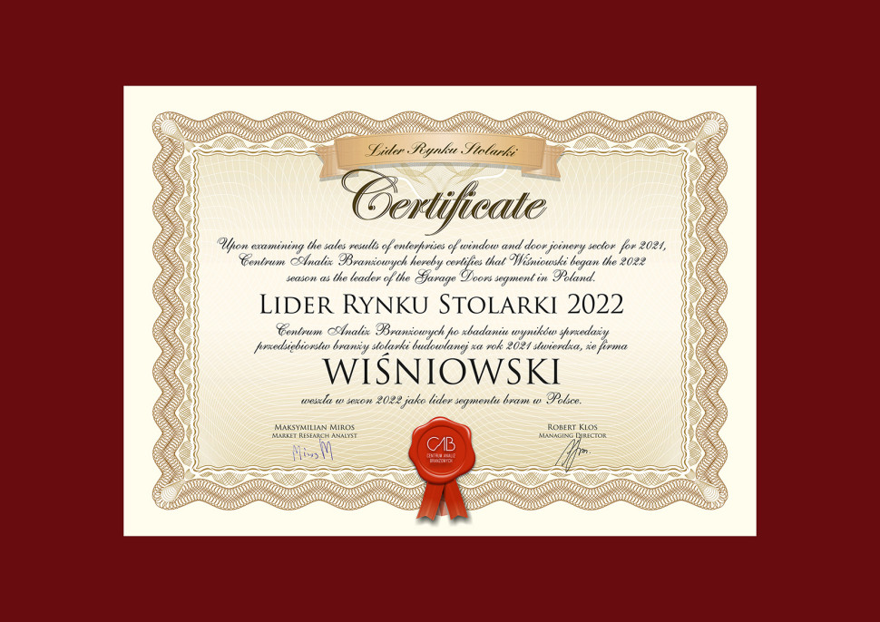 WIŚNIOWSKI Lider Rynku Stolarki 2022