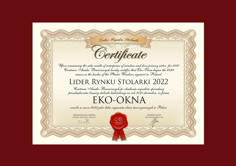 Prestiżowe wyróżnienie Lider Rynku Stolarki 2022 dla Eko-Okna