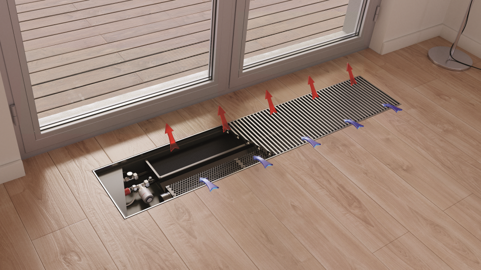 Dystrybucja powietrza w grzejniku podłogowym z wentylatorem
