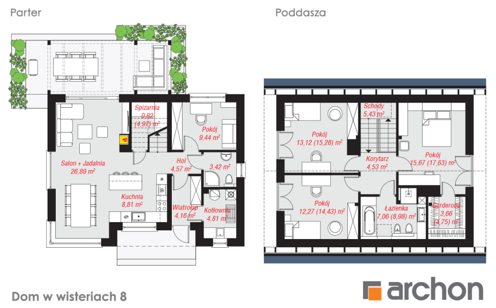 Projekt Dom w wisteriach 8 - rzut parteru i rzut poddasza
