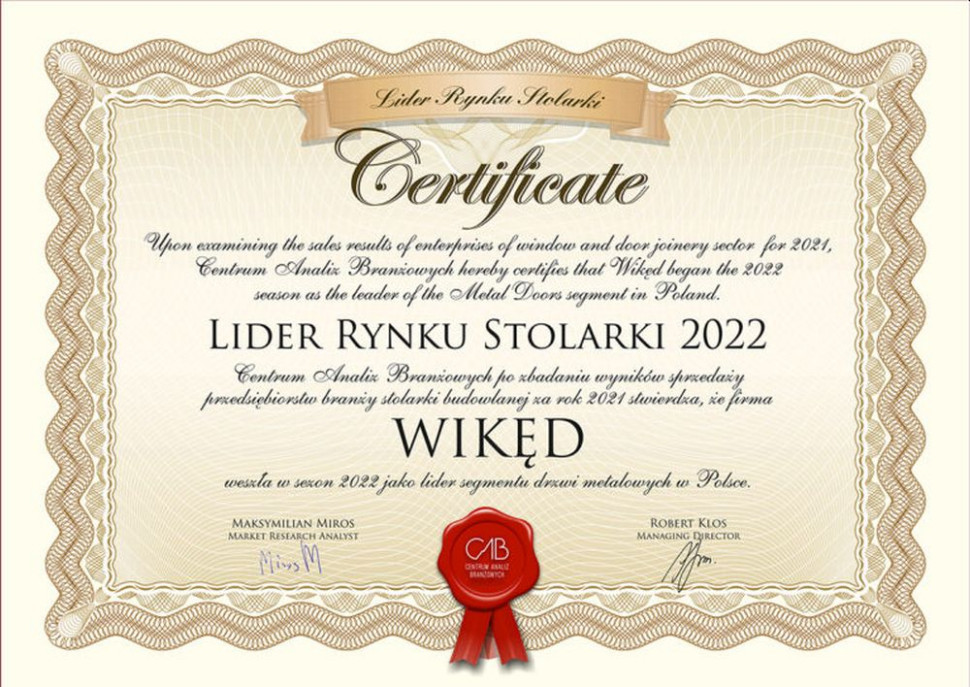 Lider Rynku Stolarki 2022 dla firmy WIKĘD