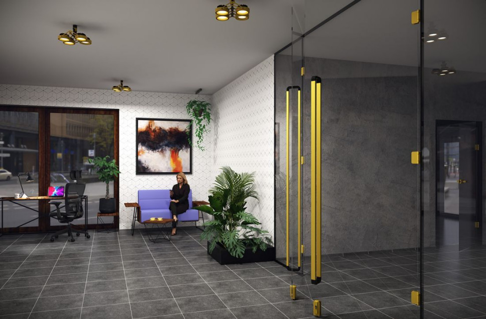 Modułowe uchwyty do drzwi WALA na drzwiach szklanych.